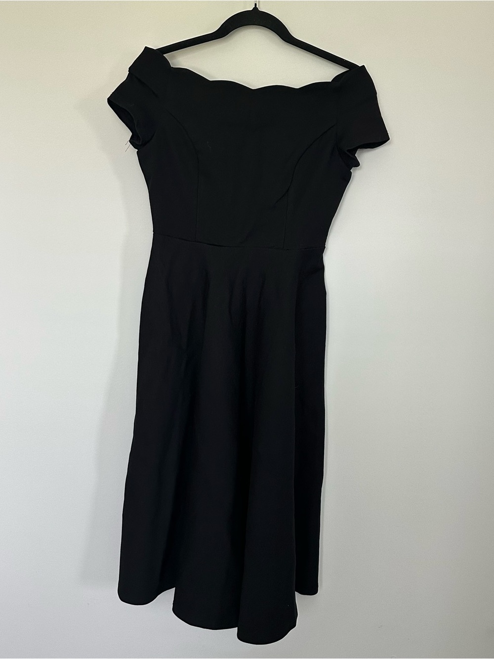 ModCloth Black Off-Shoulder Dress Scalloped Neckline A-Line Swing Midi Retro S